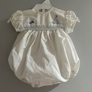 Vintage Harringtons Baby Girl Smocked Sailor Boat Whale Bubble Romper White 6 Mo
